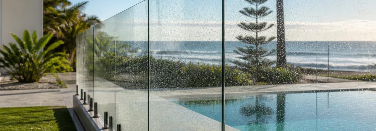Glass pool fencing before and after hard-water stain removal
